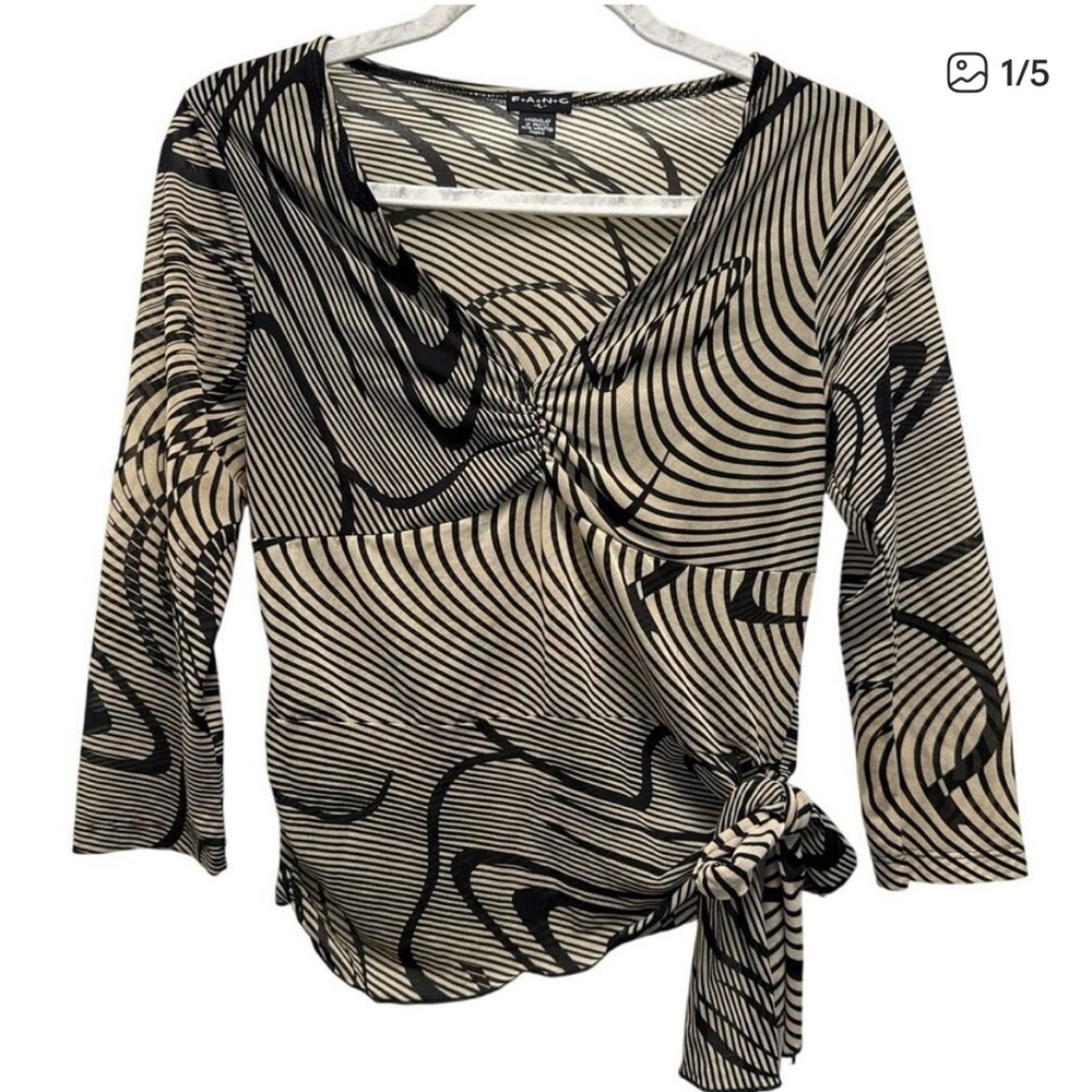 Y2K Fang Sheer V Neck Tie Waist Abstract Print Baby Doll Top Top Size Large